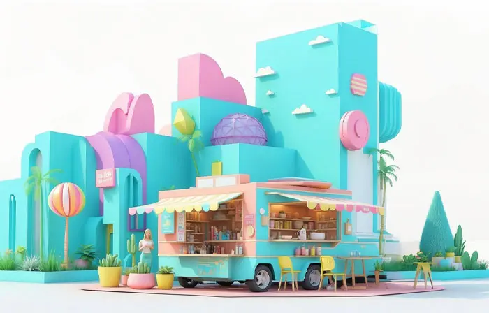 Street Van with Fast Food Shop Truck Counter 3D Model Illustration
